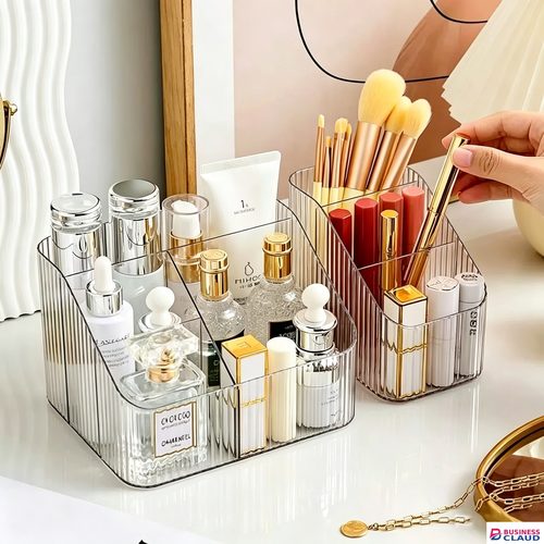 Desktop cosmetic storage rack - Trendy L-shaped storage stand with multiple layers of acrylic - High-end cosmetic organizer with a sophisticated look