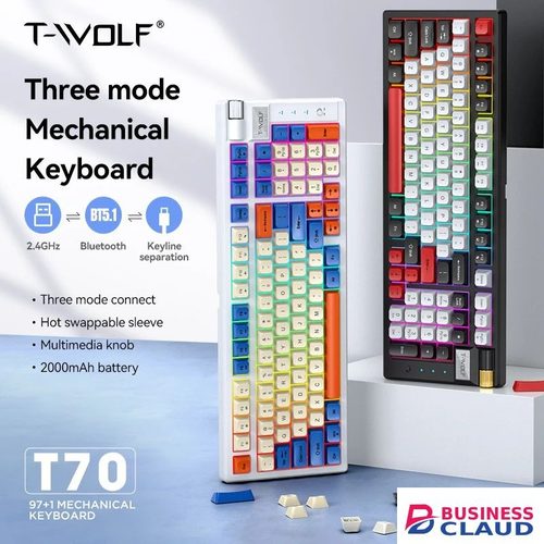 Custom T70 Three mode mechanical keyboard Hot Swappable custom RGB computer gaming keyboard Wireless keyboard with knob in One-printer