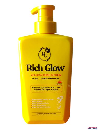 Rich Glow Yellow Tone Lotion 14 Days Visible Difference Brightens Skin Evens Yellow Undertone Infused With SPF 50, Vitamin C, Azelaic Acid And Castor Oil Lightweight Formula