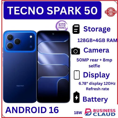 BRAND NEW Tecno Spark 50 128GB ROM+ 4GB RAM 6.78" SCREEN 120Hz Refresh rate Camera 50MP Main Camera +8MP SELFIE 18W Super Charging 6700mAh battery Android 16 PHONE