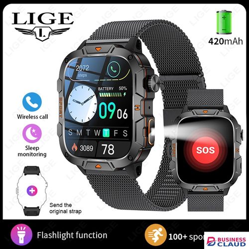 LIGE QX12 Smart Watch Rugged Military Smart Watch Men HD Screen Heart Rate Ai Voice Bluetooth Call Waterproof Sports Outdoor Smartwatch For Men Multifunction Man Watch Black Smartwatch With LED Light Rate in Cables-led-light-flashlight