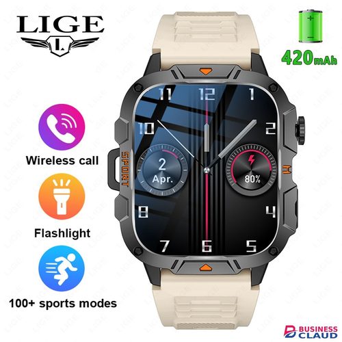 LIGE QX12 Smart Watch Rugged Military Smart Watch Men HD Screen Heart Rate Ai Voice Bluetooth Call Waterproof Sports Outdoor Smartwatch For Men Multifunction Man Watch Black Smartwatch With LED Light Rate in Cables-led-light-flashlight