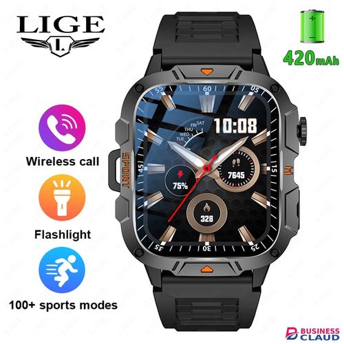 LIGE QX12 Smart Watch Rugged Military Smart Watch Men HD Screen Heart Rate Ai Voice Bluetooth Call Waterproof Sports Outdoor Smartwatch For Men Multifunction Man Watch Black Smartwatch With LED Light Rate in Cables-led-light-flashlight