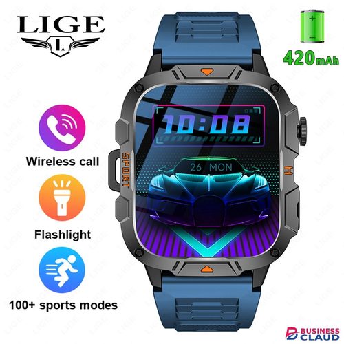 LIGE QX12 Smart Watch Rugged Military Smart Watch Men HD Screen Heart Rate Ai Voice Bluetooth Call Waterproof Sports Outdoor Smartwatch For Men Multifunction Man Watch Black Smartwatch With LED Light