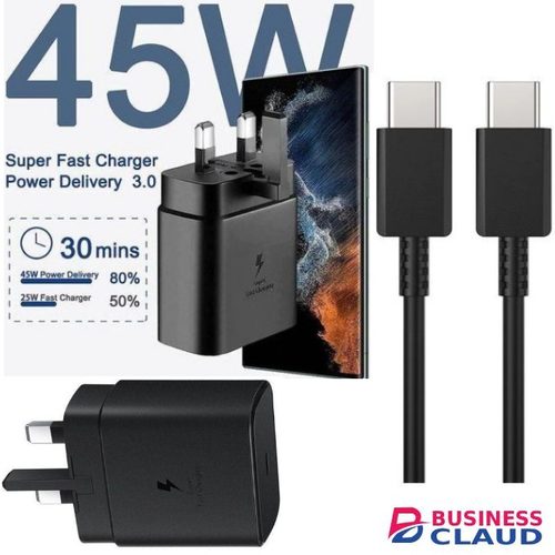 ORIGINAL SAMSUNG SUPER FAST CHARGING ADAPTOR 45W TYPE C TO TYPE C FAST CHARGING CHARGER ADAPTER // ADAPTOR & USB CABLE (SET) FOR SAMSUNG GALAXY ANDROID SMARTPHONES + FREE WRIST WATCH