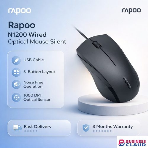 Free Rapoo Wired Optical Mouse Silent (N1200), 1000 DPI Optical Sensor, USB Cable, 3-Button Layout, Ergonomic & Symmetrical Shape, Noise Free Operation, High Precision Optical Tracking, Windows, macOS in One-unit