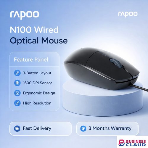 Rapoo N100 Wired Optical Mouse, 1600 DPI Sensor, Ergonomic Design, 3 Buttons Including 2D Non-Slip Scroll Wheel, High Resolution Design in One-printer