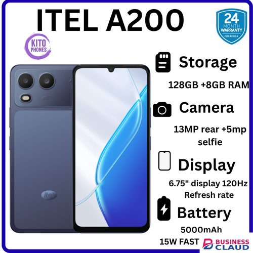 Brand New BRAND NEW ITEL A200 128GB ROM+8GB(3+5GB) EXTENDED RAM 6.75" Dual SIM 4G Network 13MP Camera+ 5MP SELFIE 15W Charging 5000mAh Battery Android 15 Fingerprint Unlock Smart Phones+FREE in Cable