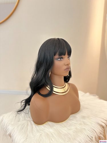 Synthetic Body Wave Wigs - 26 Inch 1B Black | Blunt Bangs & Natural Curls (African Women, Quick Install, Birthday Gift)
