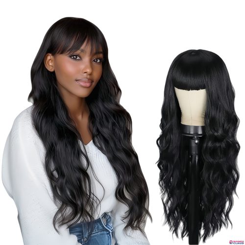 Synthetic Body Wave Wigs - 26 Inch 1B Black | Blunt Bangs & Natural Curls (African Women, Quick Install, Birthday Gift) in Kenya-premium-incense-scent