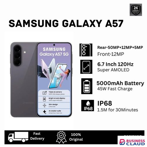 New [New Launch🔥🔥] Samsung Galaxy A57 5G 256GB+16(8+8)GB 6.7" Super AMOLED+ 120Hz Display Under-Display Fingerprint (50+12+5)MP Camera 5000mAh Battery 45W Charging e-SIM 6OS Updates Smart AI Smartphone in Cable