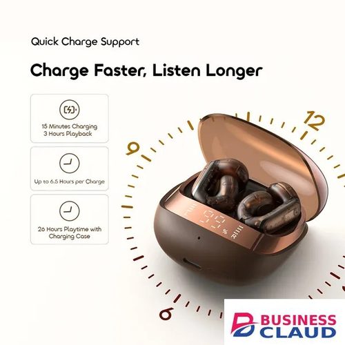 oraimo OpenSnap N2 Quick Charging Deep Bass Open-Ear True Wireless Earbuds Smart Adaptive Volume AI ENC Clear Voice in Calls Charge 15 Mins Play 3 Hours in Cable-black