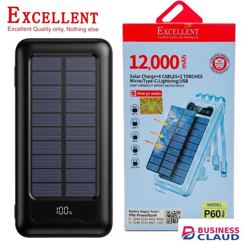 Solar Power Bank 12000mAh Built-In 4 Cables Excellent P60 Max | Fast Charging Portable Battery Pack With Dual LED Flashlights | Type-C & Lightning | High Capacity Mobile Phone Powerbank For Kenya in 4-cables-excellent-p60-max-fast-charging-portable-battery-pack-wi