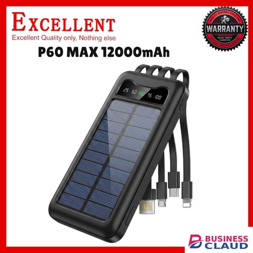 Solar Power Bank 12000mAh Built-In 4 Cables Excellent P60 Max | Fast Charging Portable Battery Pack With Dual LED Flashlights | Type-C & Lightning | High Capacity Mobile Phone Powerbank For Kenya in 4-cables-excellent-p60-max-fast-charging-portable-battery-pack-wi