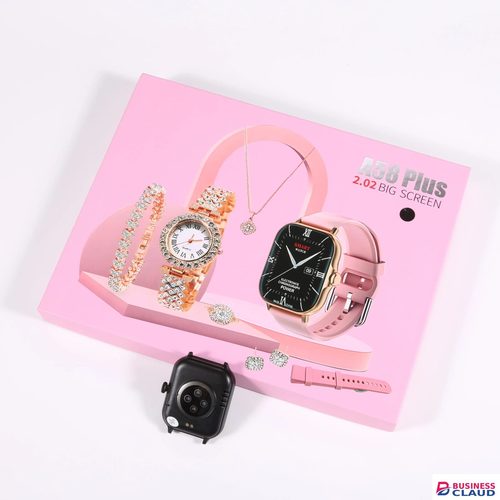 A58 Plus 7-in-1 Smartwatch Gift Set with 2.02" Big Screen – Luxury Women's Jewelry Set with Smart Watch, Analog Quartz Watch, Bracelet, Necklace, Earrings & Ring