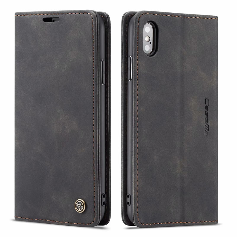 iPhone Xs Max Wallet Retro Black Suede Leather Flip Case