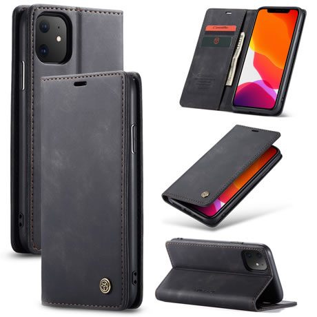 iPhone 11 Wallet Retro Black Suede Leather Flip Case