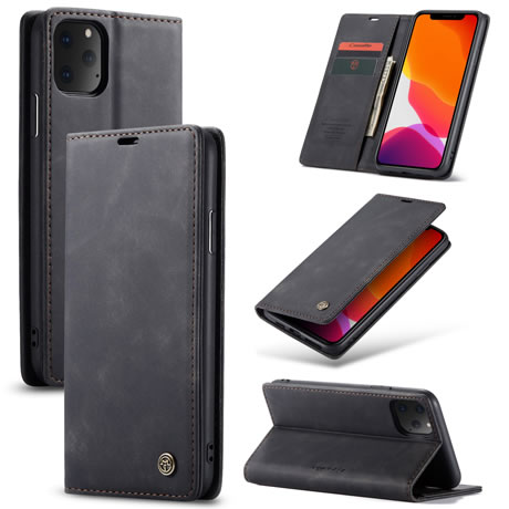 iPhone 11 Pro Wallet Retro Black Suede Leather Flip Case