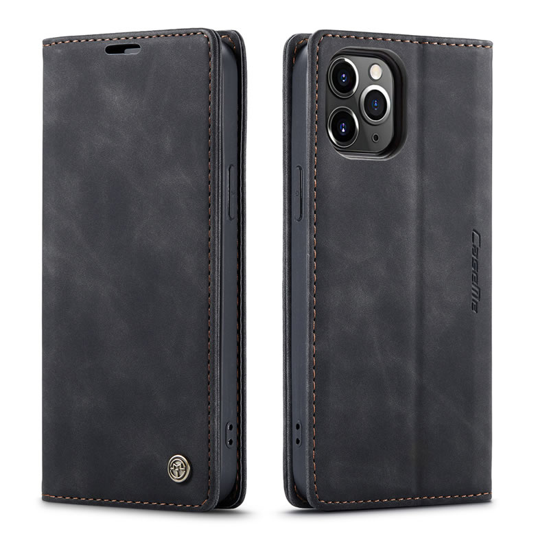 iPhone 12 Pro Wallet Retro Black Suede Leather Flip Case