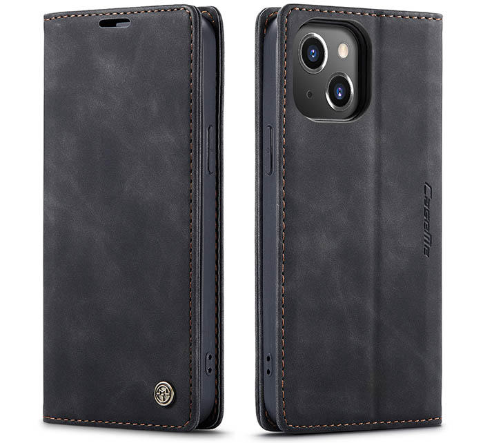 iPhone 13 Wallet Retro Black Suede Leather Flip Case