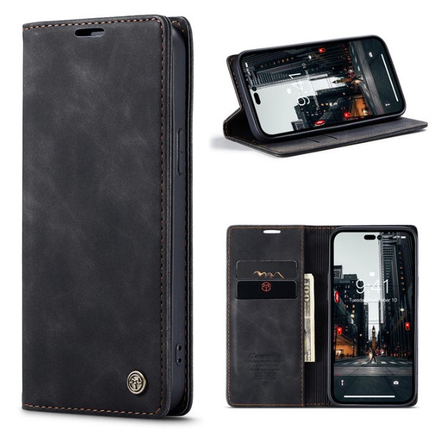 iPhone 14 Pro Wallet Retro Black Suede Leather Flip Case