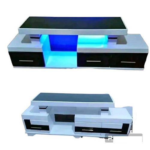 white and Black TV Stand with blue Led lights