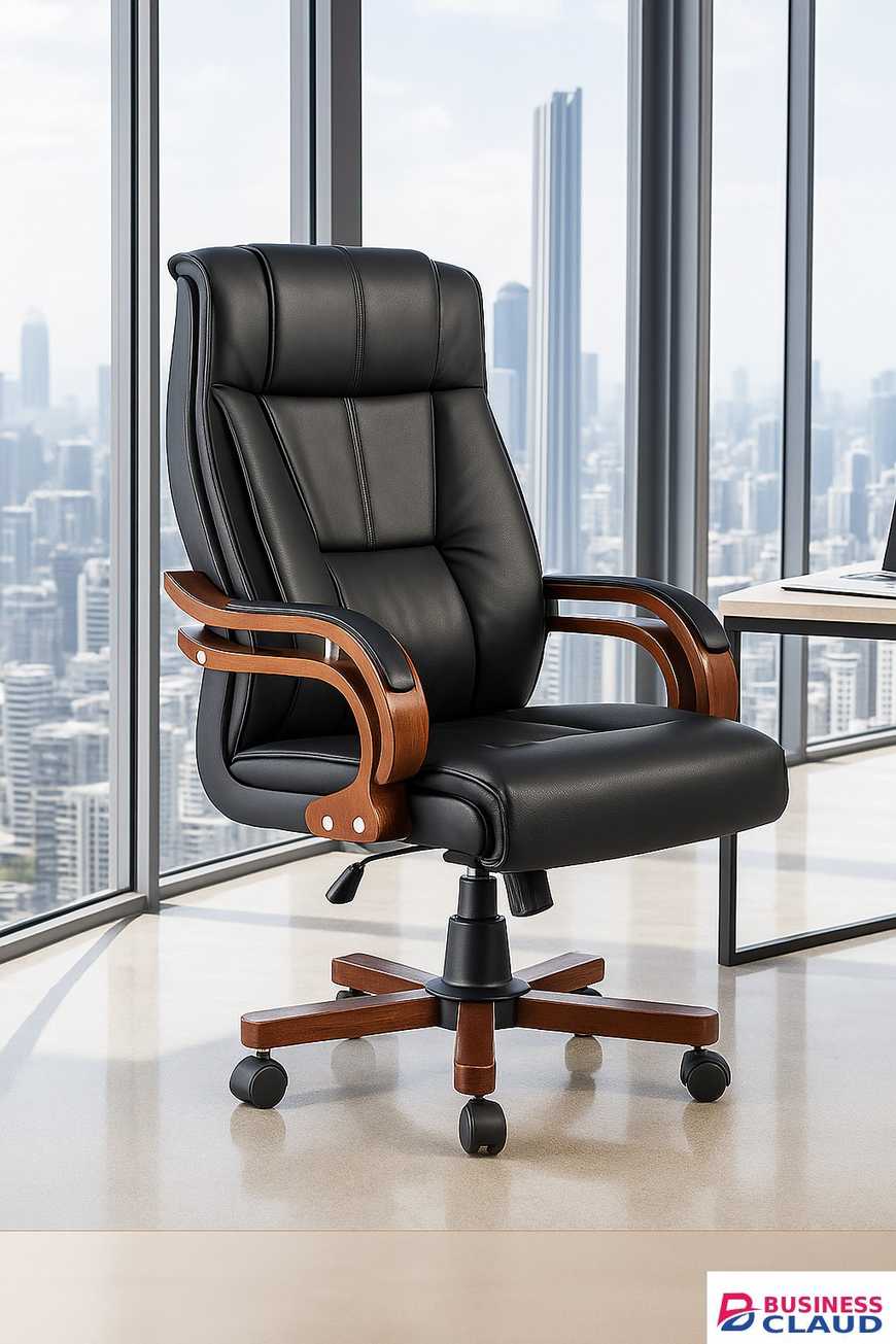 Executive Leather Office Chair – Black with Wooden Finish