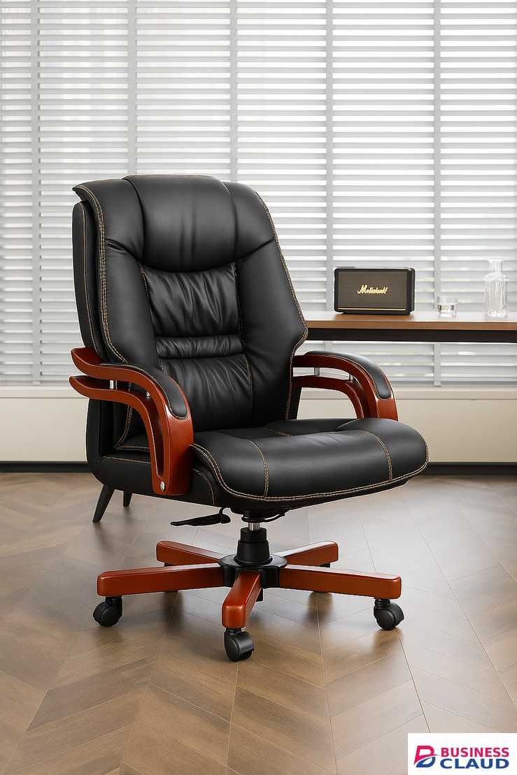 Executive Leather Office Chair – Black with Cherry Wood Finish