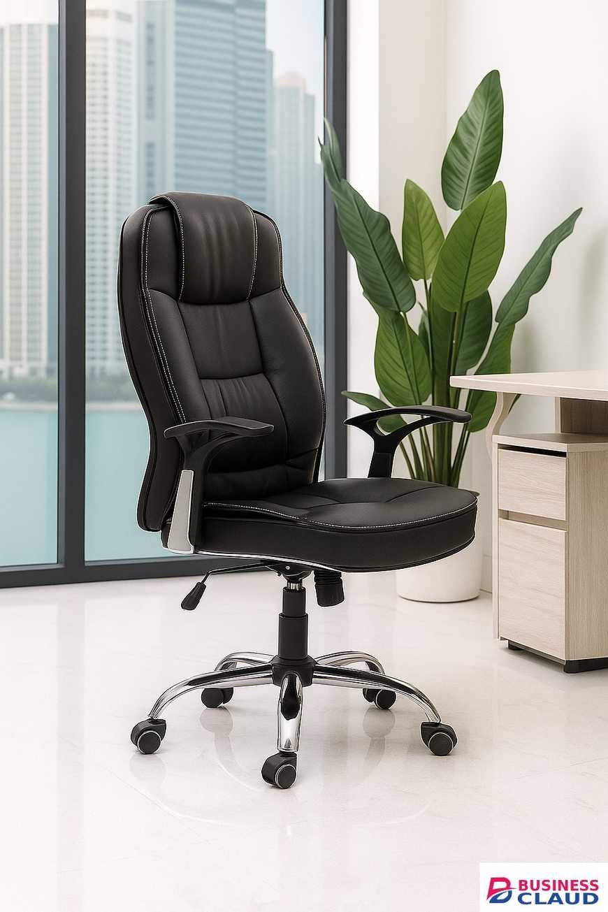 High-Back Executive Office Chair – Black Leather with Chrome Base
