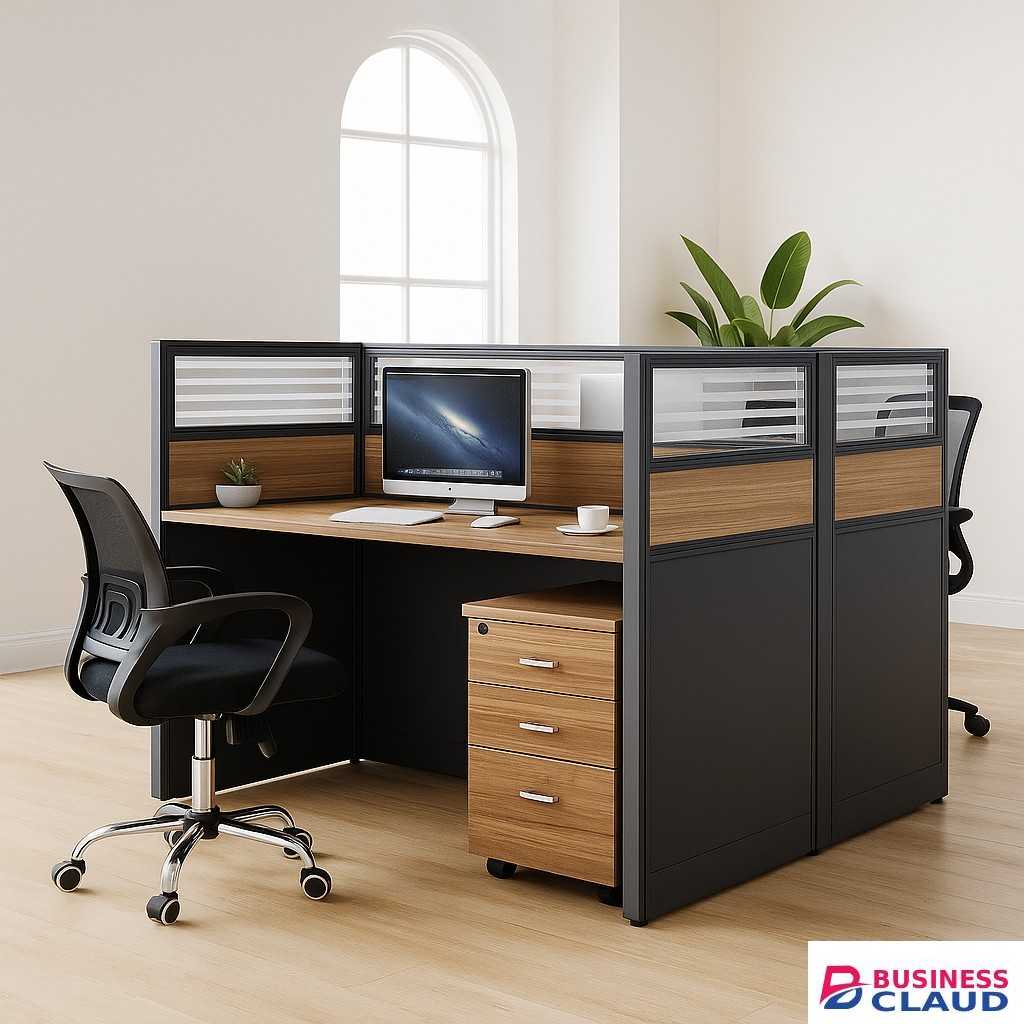 2-Way Modular Office Workstation – Sleek Black & Oak with Frosted Panels - Pogo Furniture