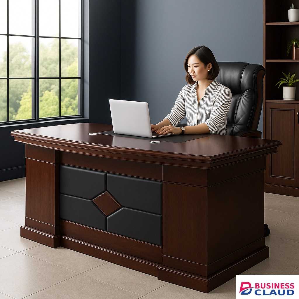 1.8m Executive Mahogany Office Desk – Curved Front with Leather Panel Detail - Pogo Furniture , Executive desks