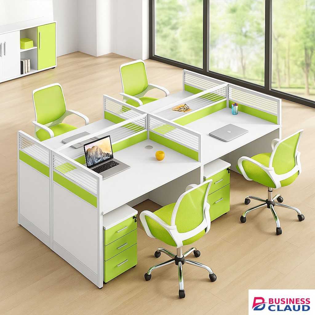4-Way Modular Workstation – White & Green with Drawers and Dividers
