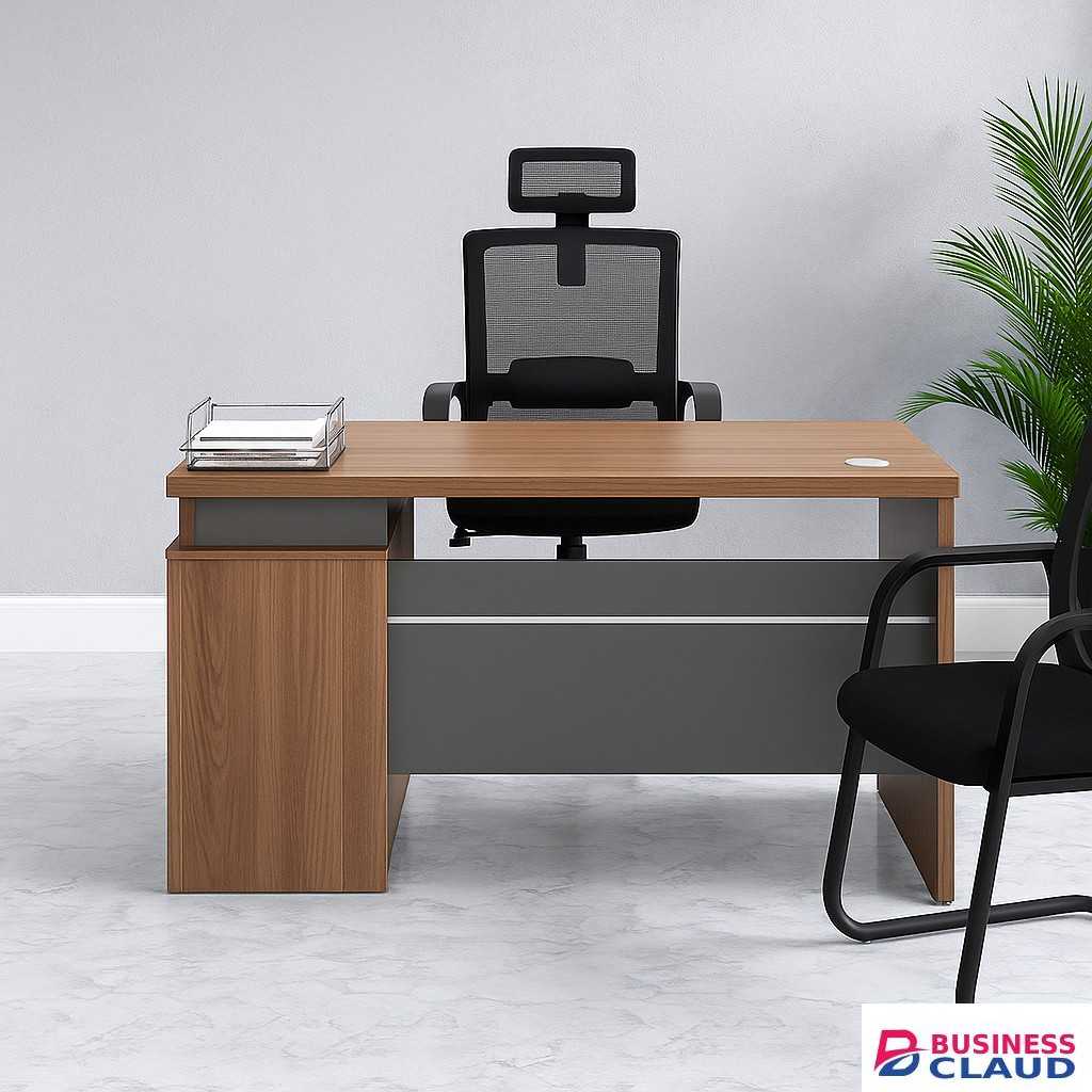 1.4M Modern Office Desk – Walnut Finish with Grey Front Panel