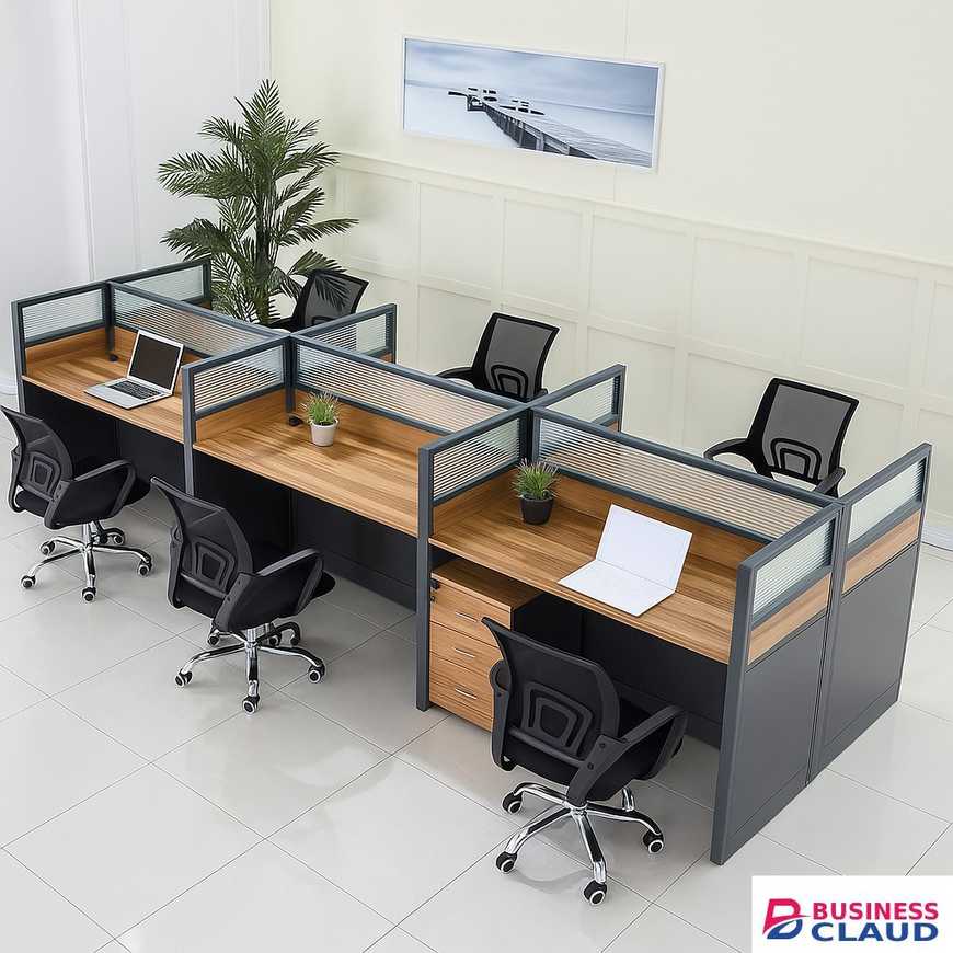 6-Way Modular Office Workstation – Black Frame with Wood Finish