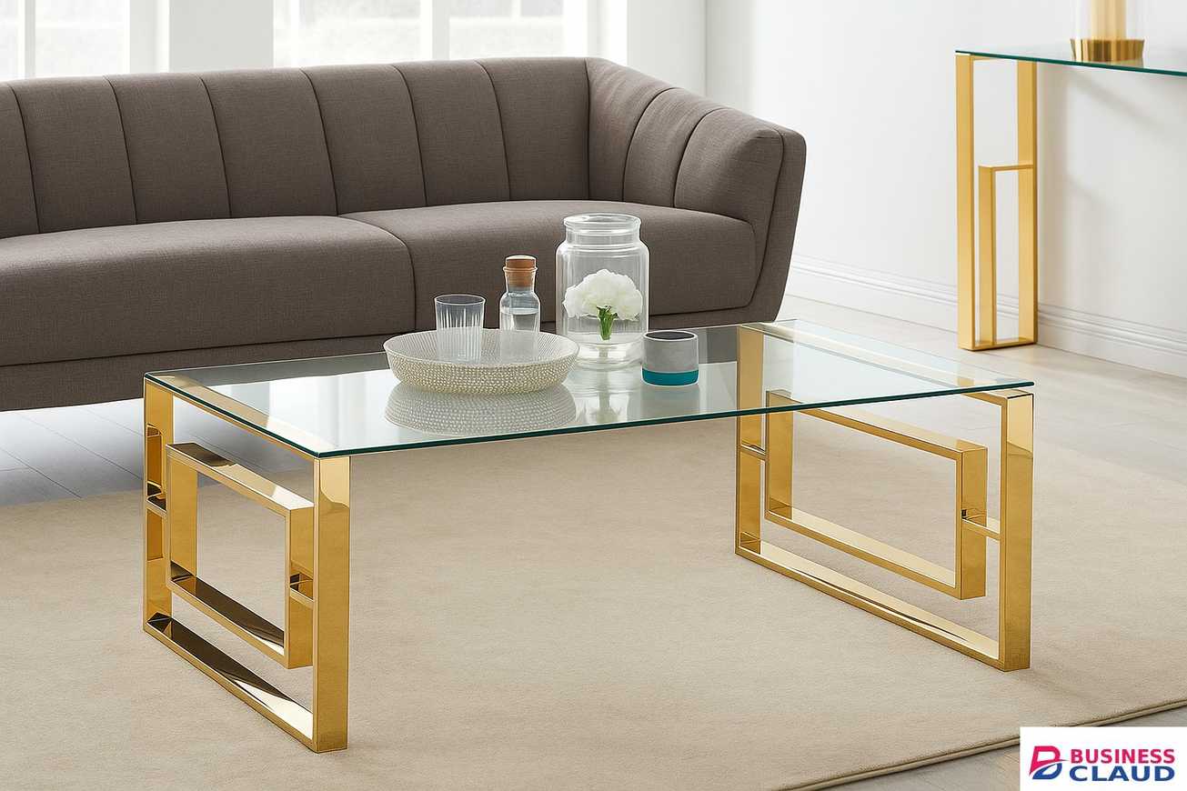Modern Rectangular Glass Coffee Table – Gold Metal Base