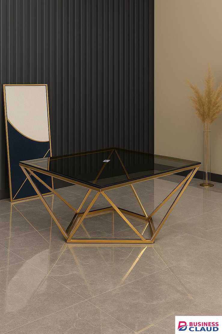 Geometric Gold-Framed Glass Coffee Table – Square Design