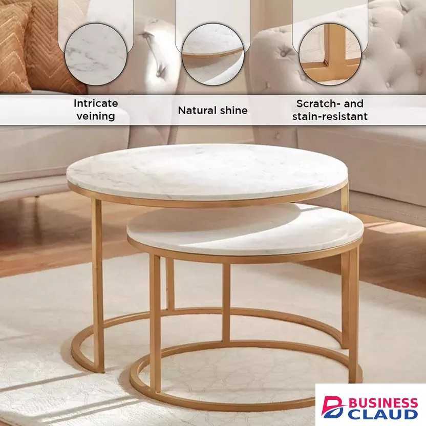 2 Pcs Marble-Gold Frame Coffee Tables
