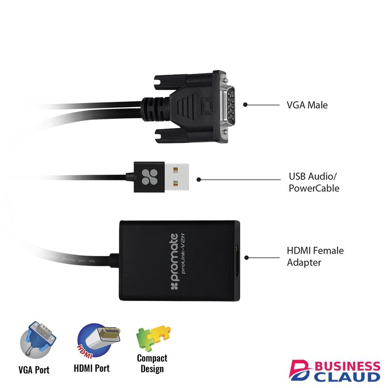 Promate ProLink-V2H VGA-to-HDMI® Adaptor Kit with Audio Support Cable