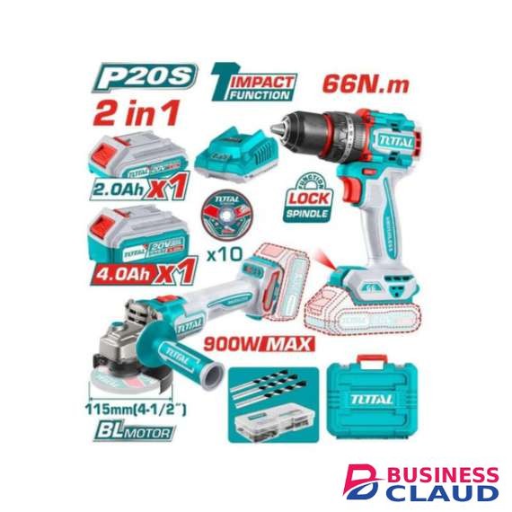 Total TCKLI20273 Cordless 2 pcs combo kit- Cordless Angle Grinder and Compact Brushless Cordless Impact Drill
