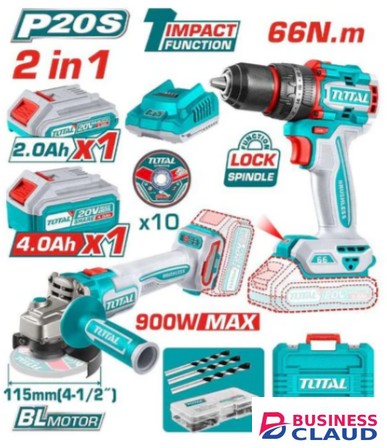 Total TCKLI20273 Cordless 2 pcs combo kit- Cordless Angle Grinder and Compact Brushless Cordless Impact Drill