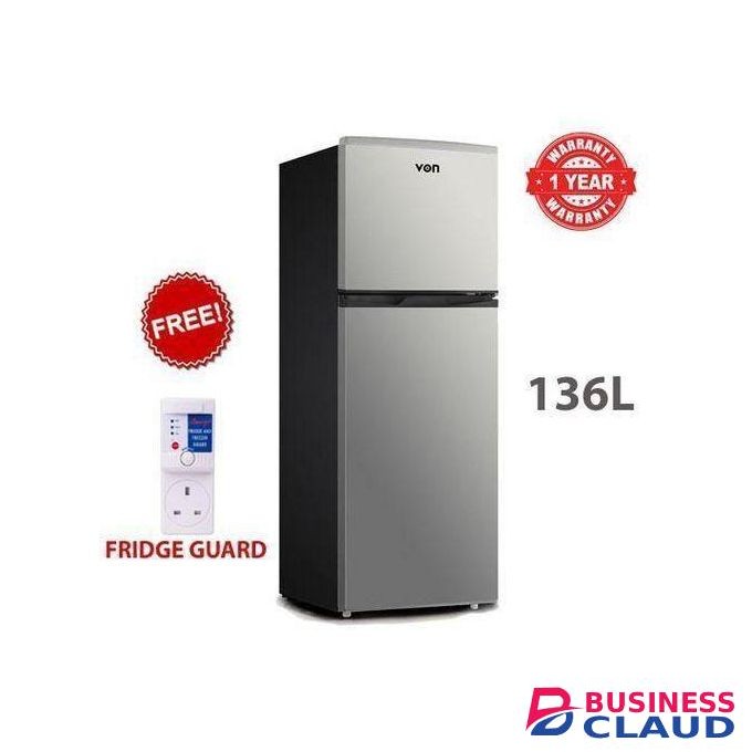 VON 136L Refrigerator, Adjustable Glass Shelves, Double Door