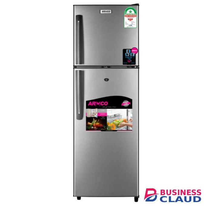 Armco 213L Double Door Refrigerator Door Top Mounted Freezer Direct Cool Handle with Coolpack Interior Lamp 2 Strengthened Wire Shelves Crystal Vegetable Crisper Egg Tray, Lock and Key - Dark Silver 3Yr Warranty