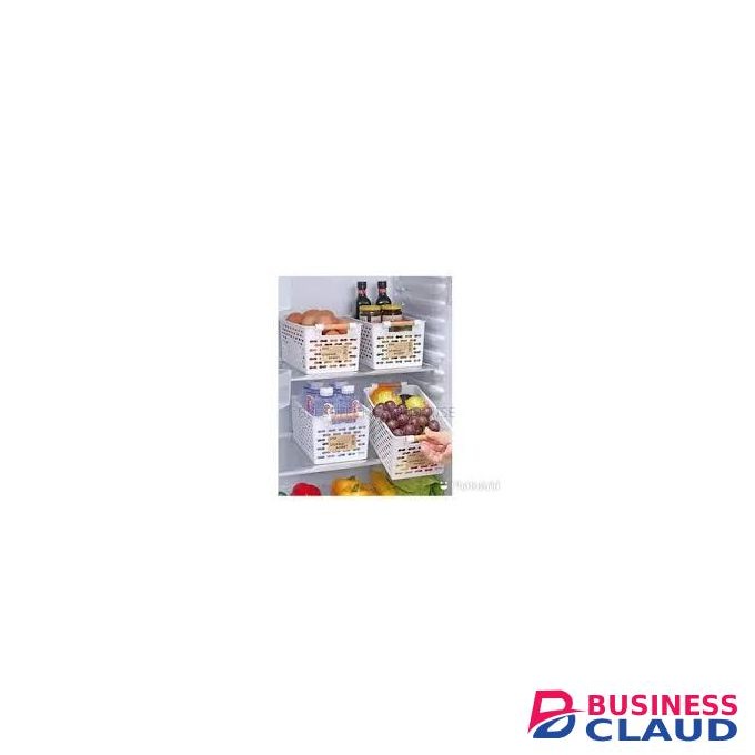 White Refrigerator Storage Basket with Wooden Handles - Perforated Pantry & Fridge Organizer Bin