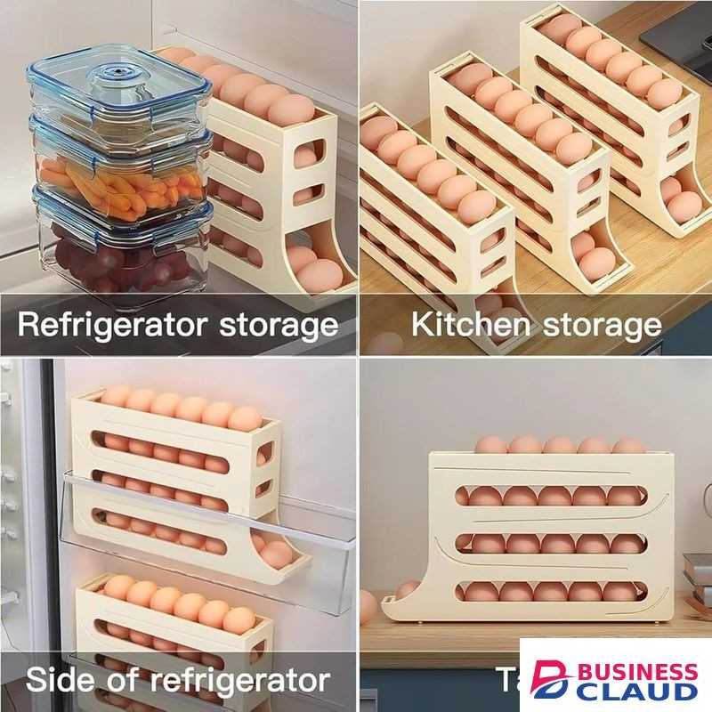 Display Egg Dispenser for Refrigerator, 4 Tiers Holder Holds 30 Eggs, Works in Fridge, Kitchen, Cabinets, and Dining Table (Yellow)