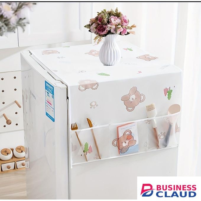 Fridge Dust Cover Transparent Printing Waterproof Refrigerator Dust-Proof Cover with Storage Pockets Bags Multi-Purpose Top Covers, Plastic