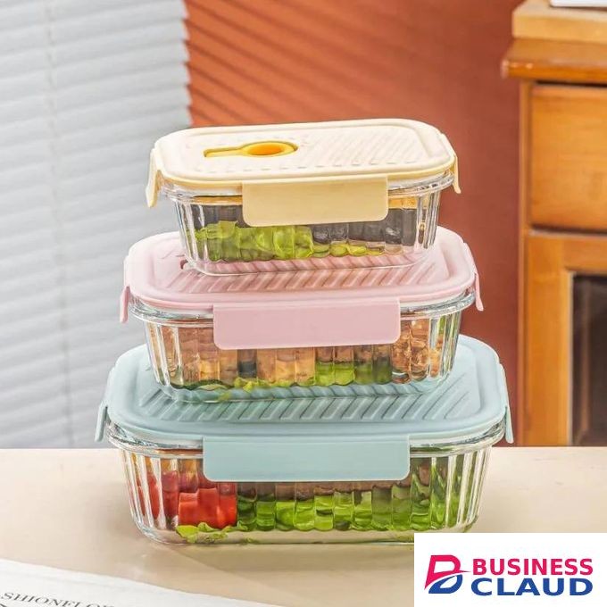 3pcs Borosilicate Glass ribbed Food Storage Containers with Lids - Airtight Leak Proof Food Container Snap & Lock Shut Lids and Silicone Seal Fridge Organizer Stackable Refrigerator Organizer