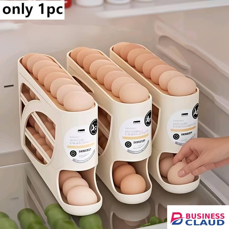 Three-layer rolling refrigerator egg storage box - holds 24 eggs, space-saving side door design, durable plastic material, large capacity kitchen and refrigerator storage, smooth glossy finish, convenient handle