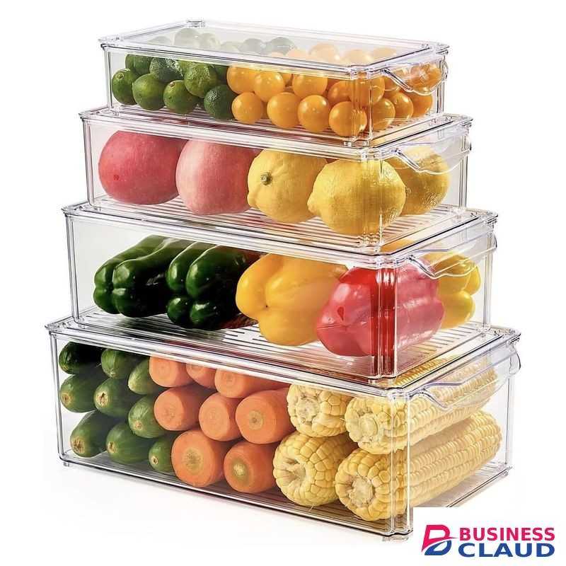 4 pcs Big Capacity BPA-Free Stackable Acrylic Fridge Organizer Bins with Lids, Clear Refrigerator Storage Containers for Fruit Vegetables Food Drinks, 1.6L 2.8L 4.4L 6.6L