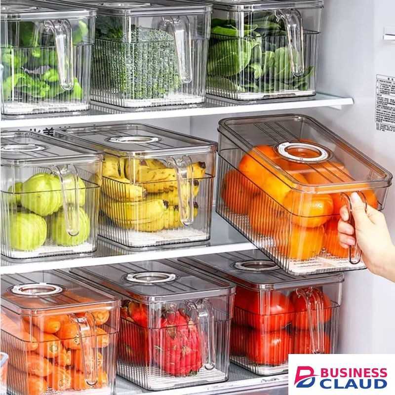 Premium Acrylic Fridge Organizer Bin - Clear Stackable Food Storage Container with Handle & Lid - BPA-Free Refrigerator Organizer for Fruits, Vegetables & Pantry