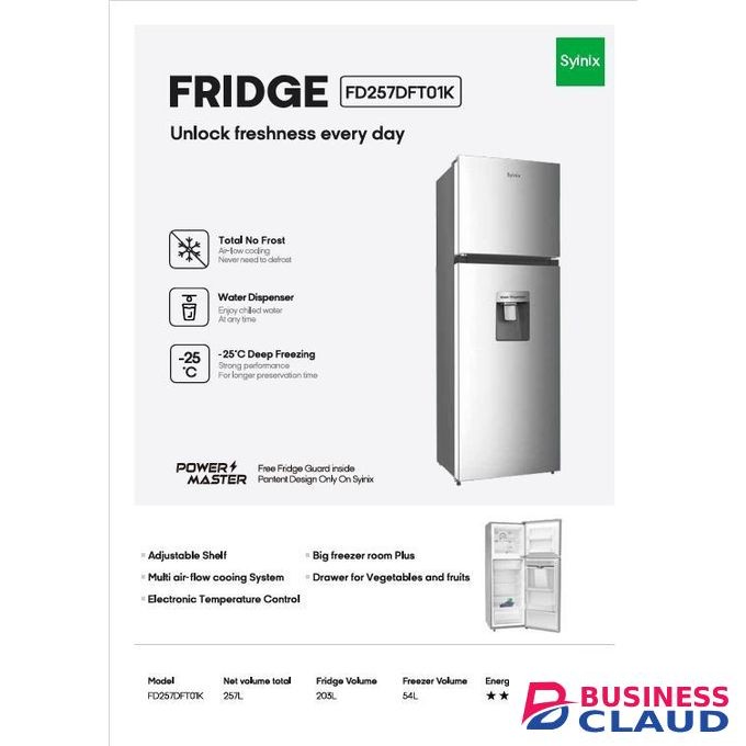 Syinix 257 ltrs no frost fridge with dispenser. Elegant design with low power consumption